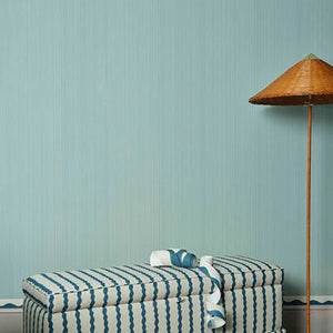 Scroll Stripe linen by Parker and Jules in yellow, wavy scroll stripes in a living room