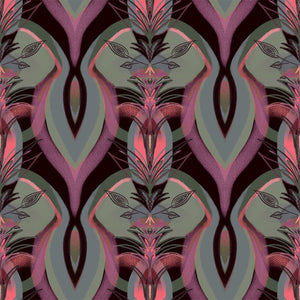 Soltar wallpaper by Tatie Lou in pink, flat sample of a Deco arch pattern