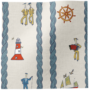 Stow Away with the Sailors linen by Annika Reed in blue and red, full repeat of sailors and boats