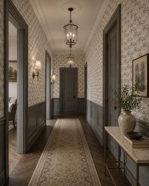 Velour Éventail wallpaper by Dami and Em Design in champagne, fan motifs lining a hallway