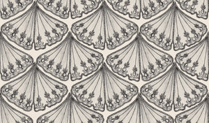 Velour Éventail wallpaper by Dami and Em Design in champagne, full repeat of fan-shaped tutu motifs